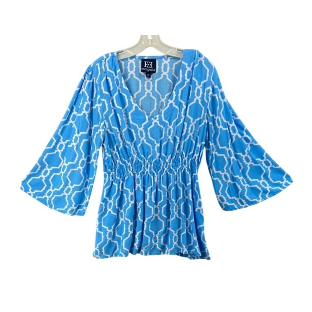 Escapada Tunic Top Womens XL Blue Excellent Smocked Waist Bell Sleeve Geometric